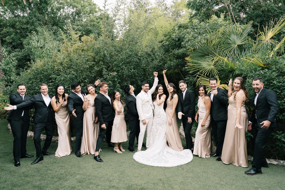 Wedding party portrait in the Tivoli gardens in Fallbrook