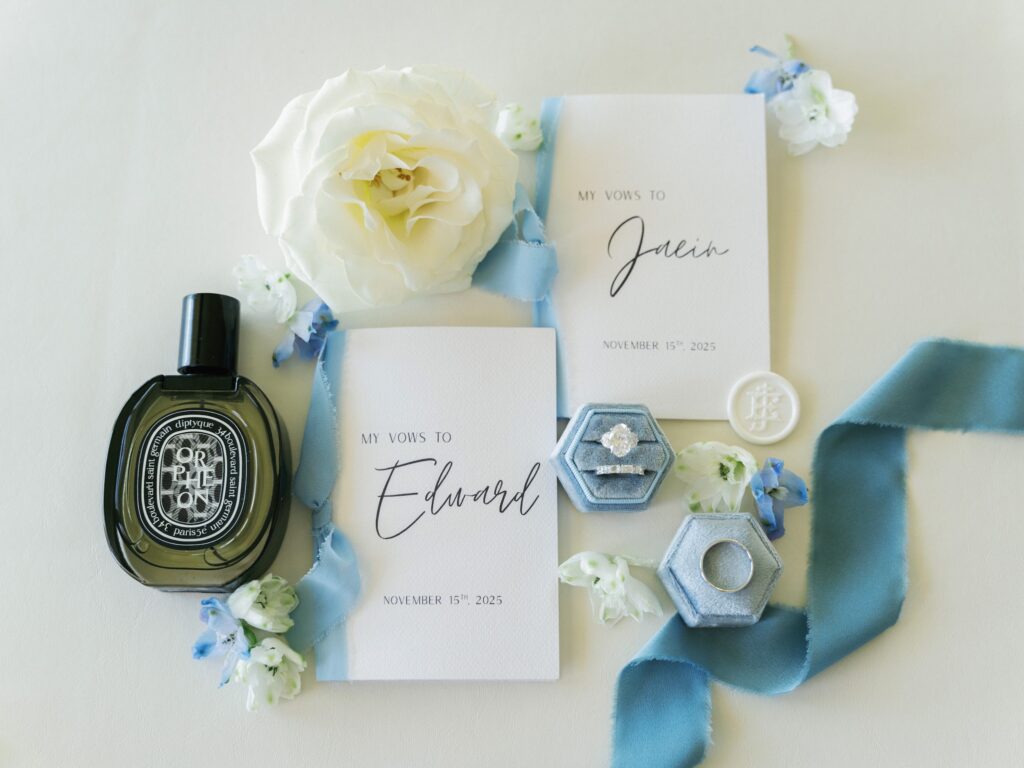 Jaein and Edward wedding detail photograph with vows and rings