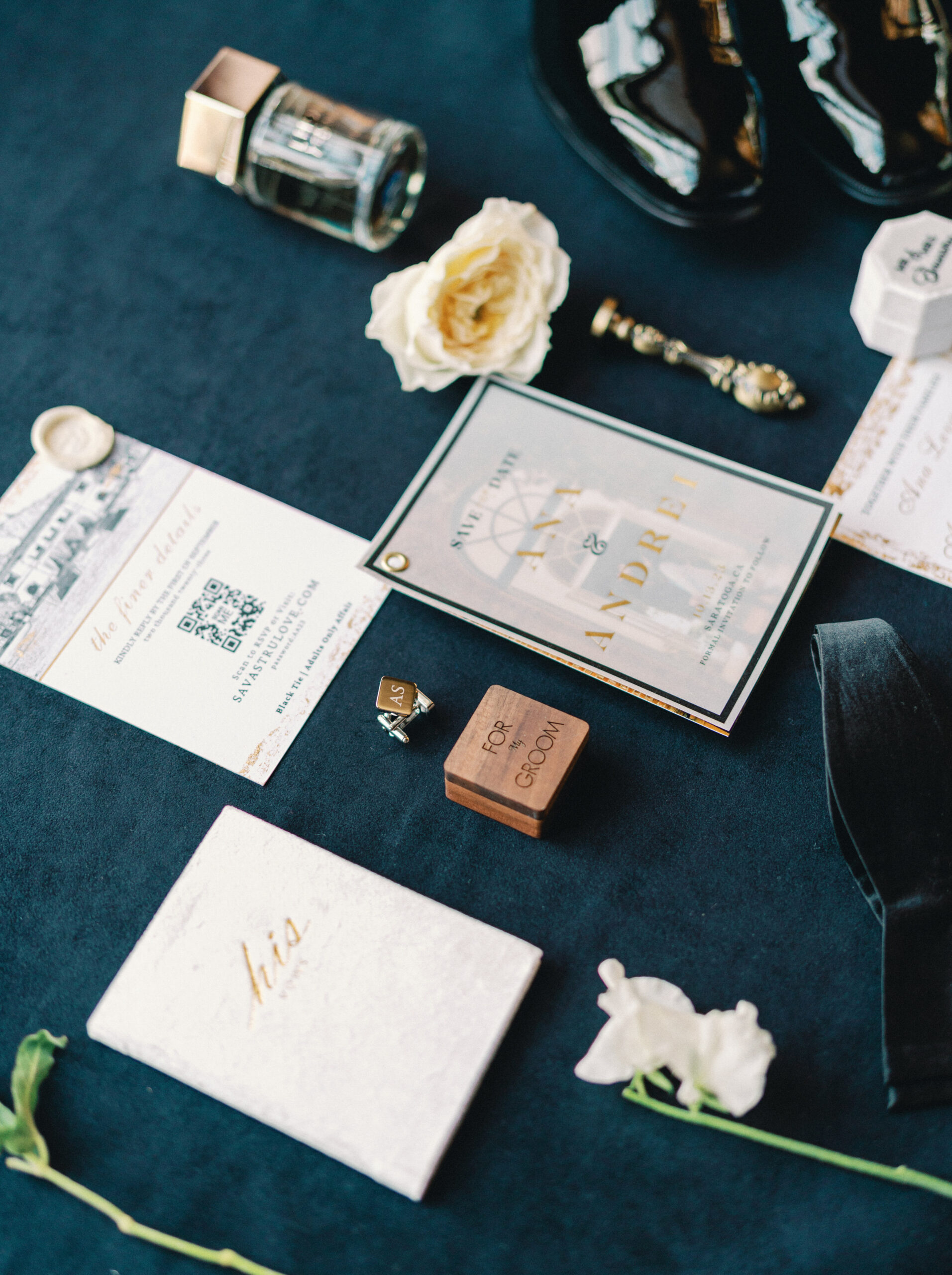 Wedding stationery and detail flat lay
