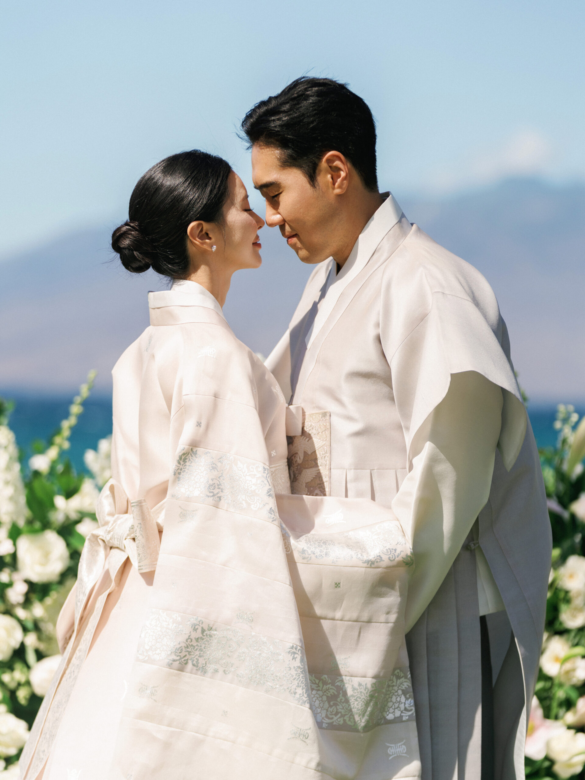 Bride and groom portrait with mountain and vineyard scenery