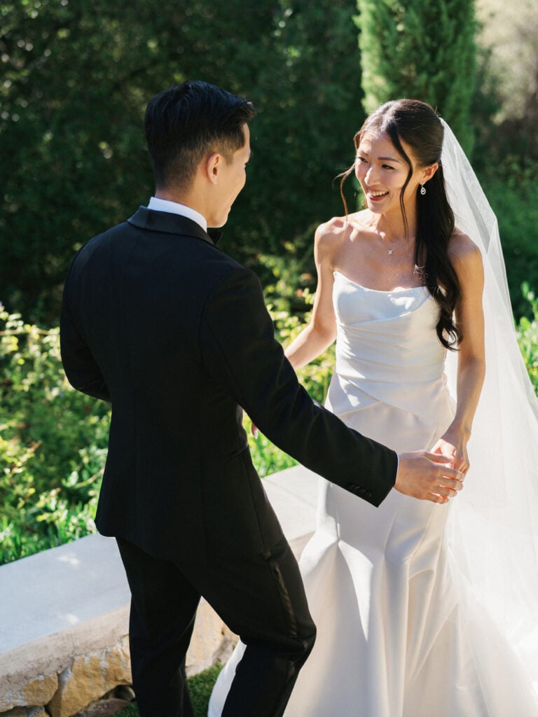 Bride and groom in editorial wedding portrait style