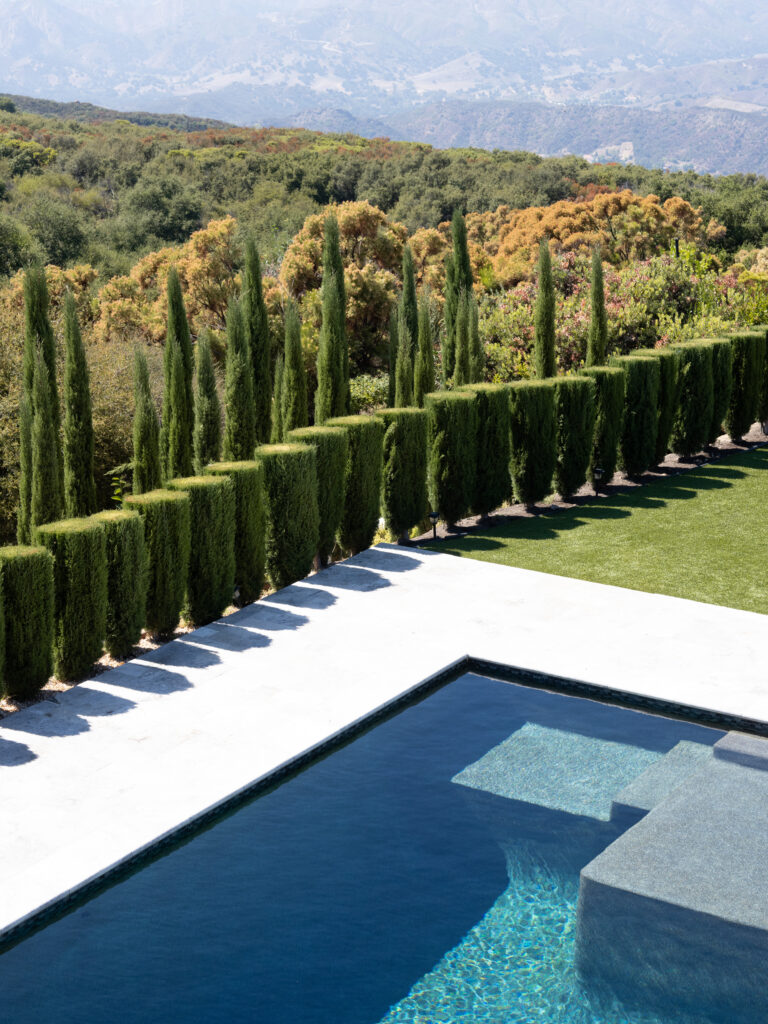 A scenic view of an estate pool with tiled steps, surrounded by tall cypress trees, a green grass lawn, and rolling forest hills under a clear sky at Greystone Mansion.
