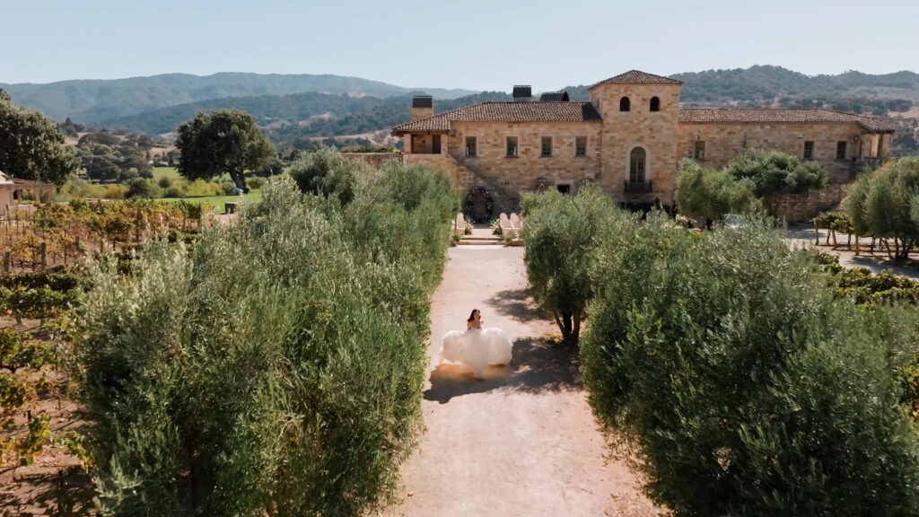 High-angle wide shot of a bride in a voluminous ballgown walking along a wide dirt driveway lined with green olive trees, leading toward the historic stone facade of Sunstone Villa.