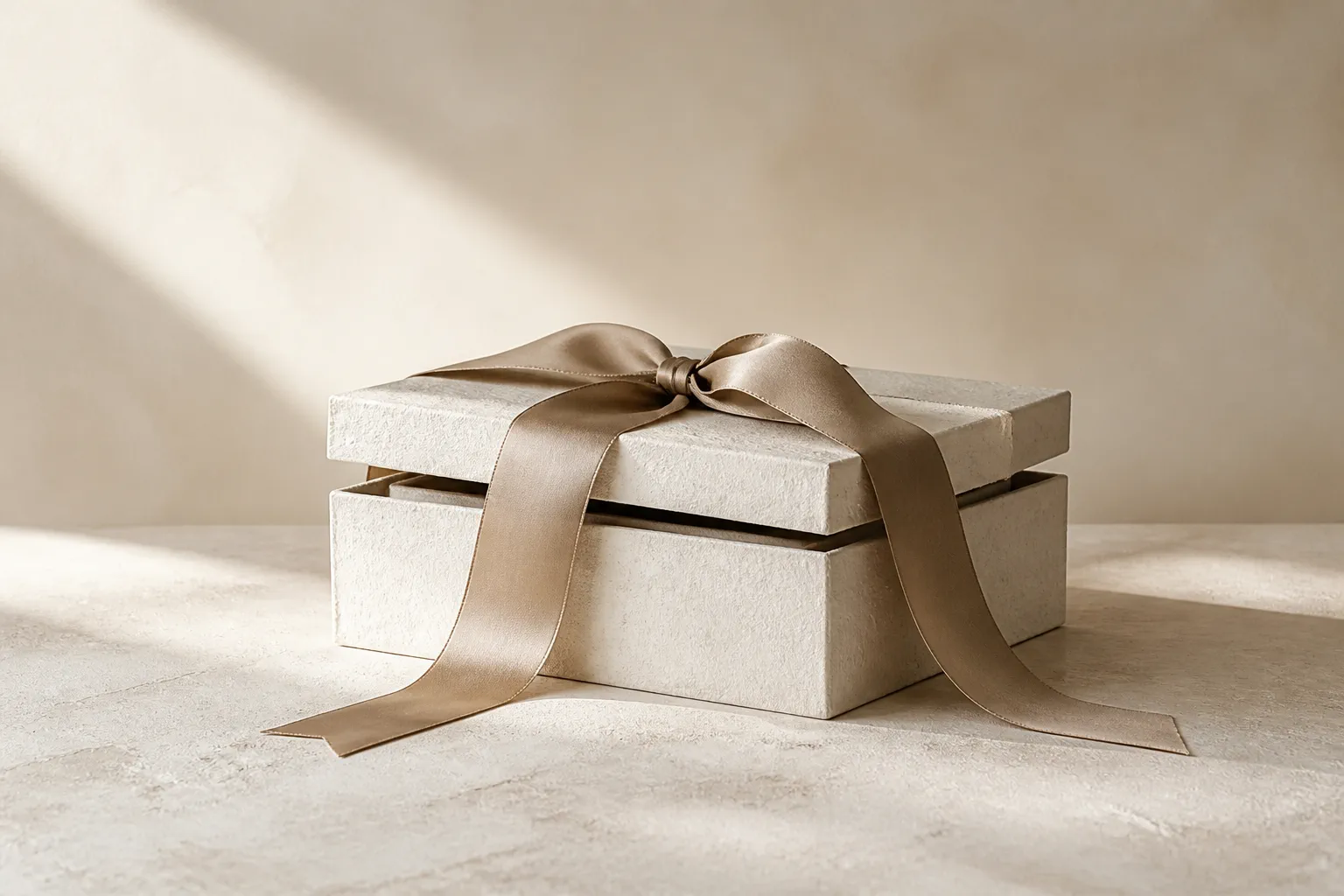Ivory wedding gift box wrapped with a champagne satin ribbon on a warm neutral background.