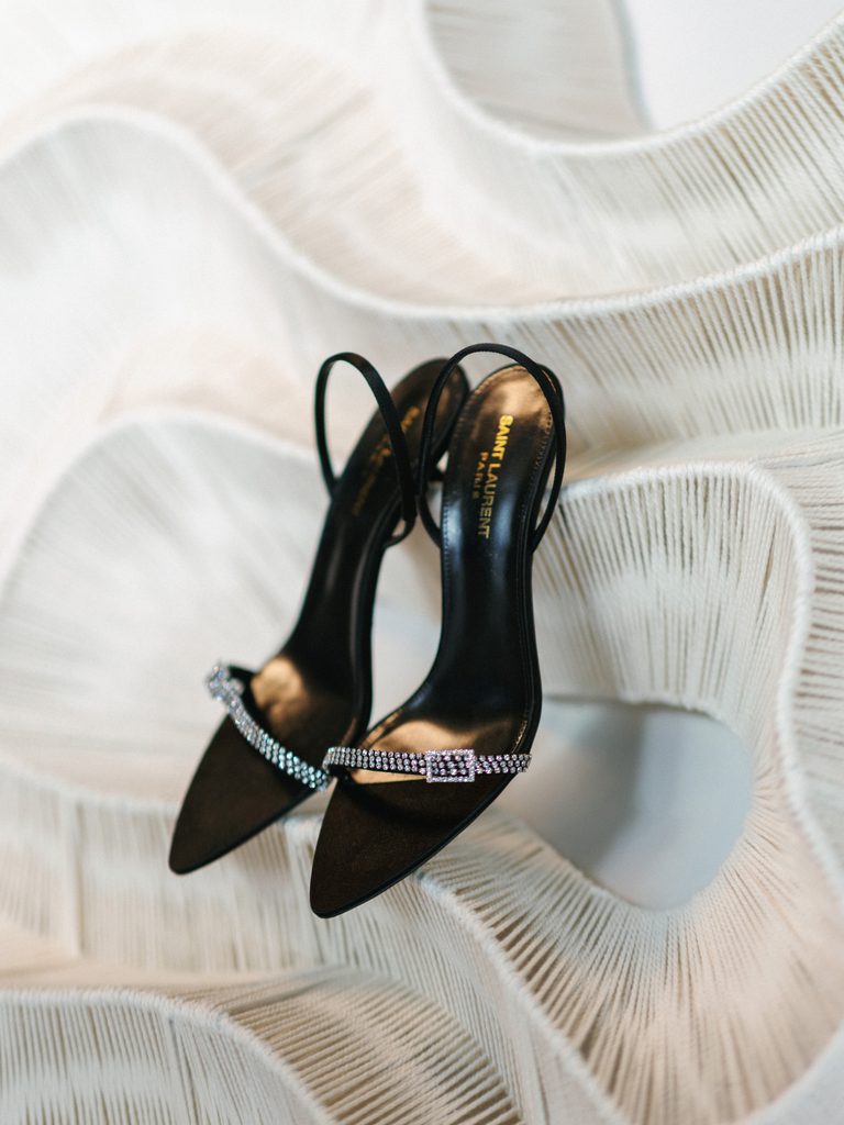 Luxury Saint Laurent black satin bridal heels with sparkling crystal straps