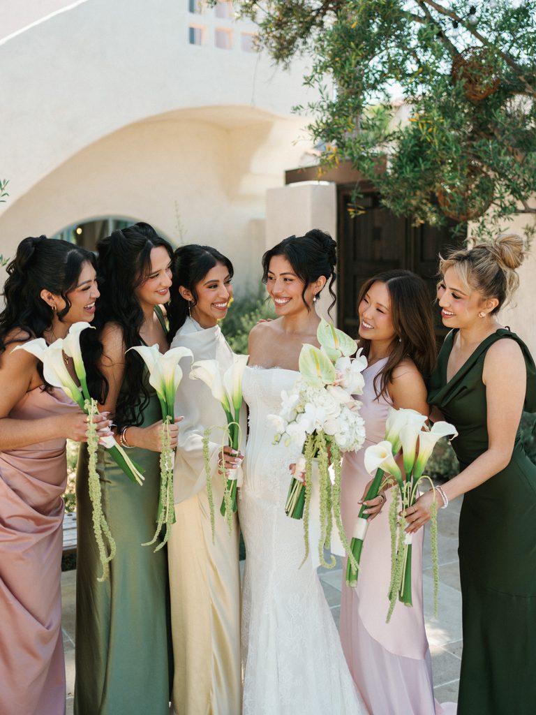Chic bridal party group photo featuring silk slip gowns in sage and mauve tones
