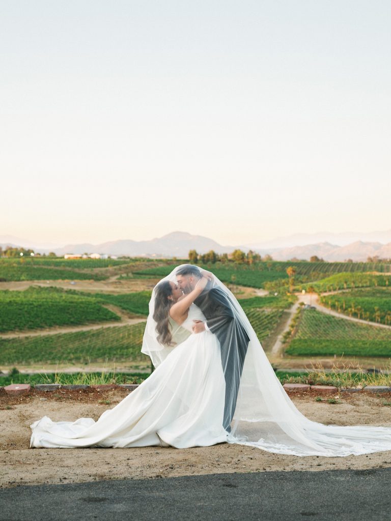 Cinematic wide shot of a luxury bride and groom kissing under a long flowing cathedral veil with a breathtaking green vineyard valley landscape background