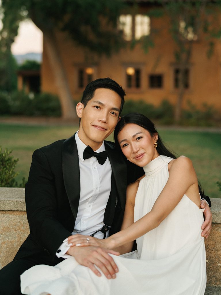 High-end formal style inspiration showcasing classic black-tie engagement photo outfits.