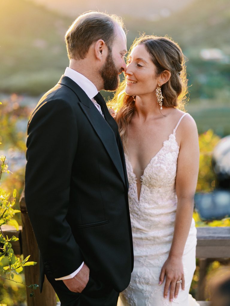 Side-by-side sunset portraits of the newlyweds, showcasing the artistic variety of a premium wedding photo gallery.