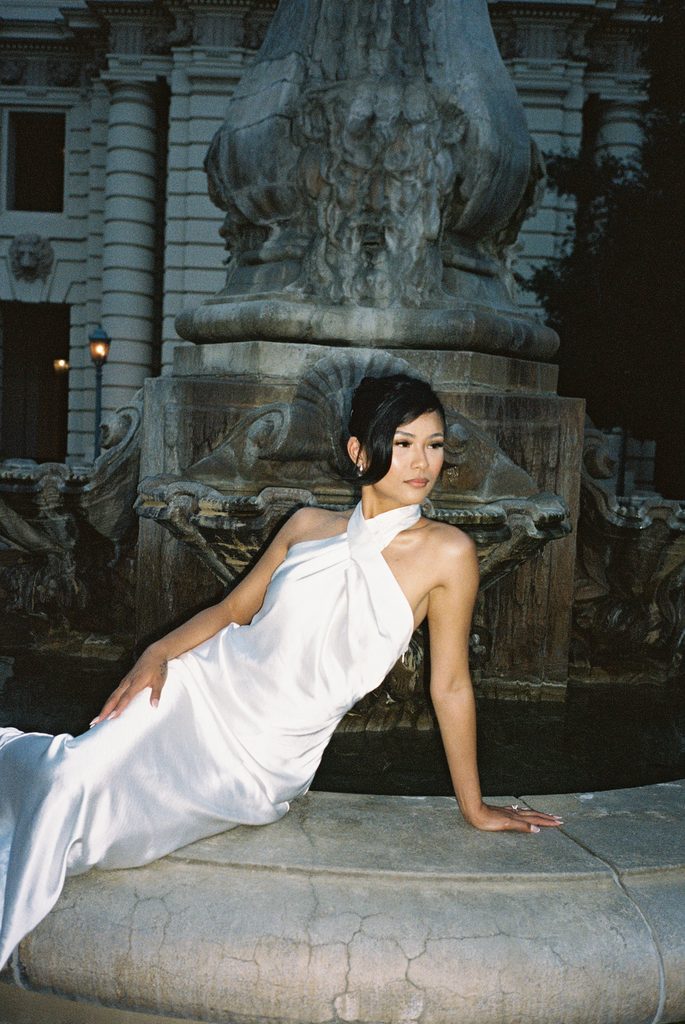 Chic bridal portrait during twilight evening urban elopement blue hour wedding photos