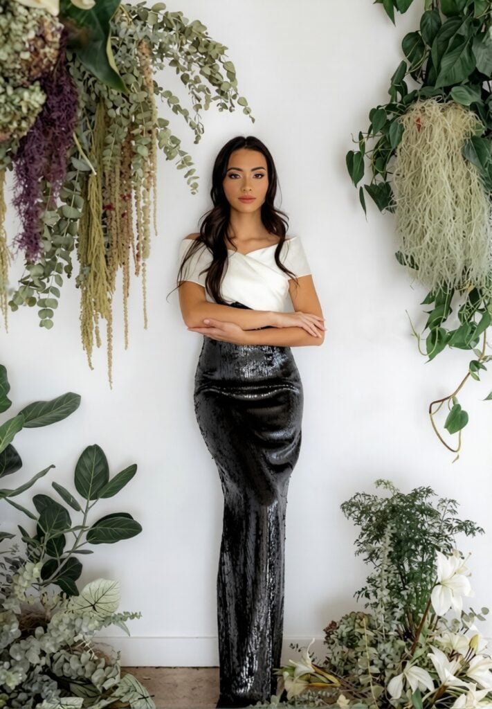 Jess Valenzuela, founder of Not Jess A Planner, standing with her arms crossed in a white off-the-shoulder top and a dark sequined skirt, framed by lush hanging floral and greenery installations against a white wall.