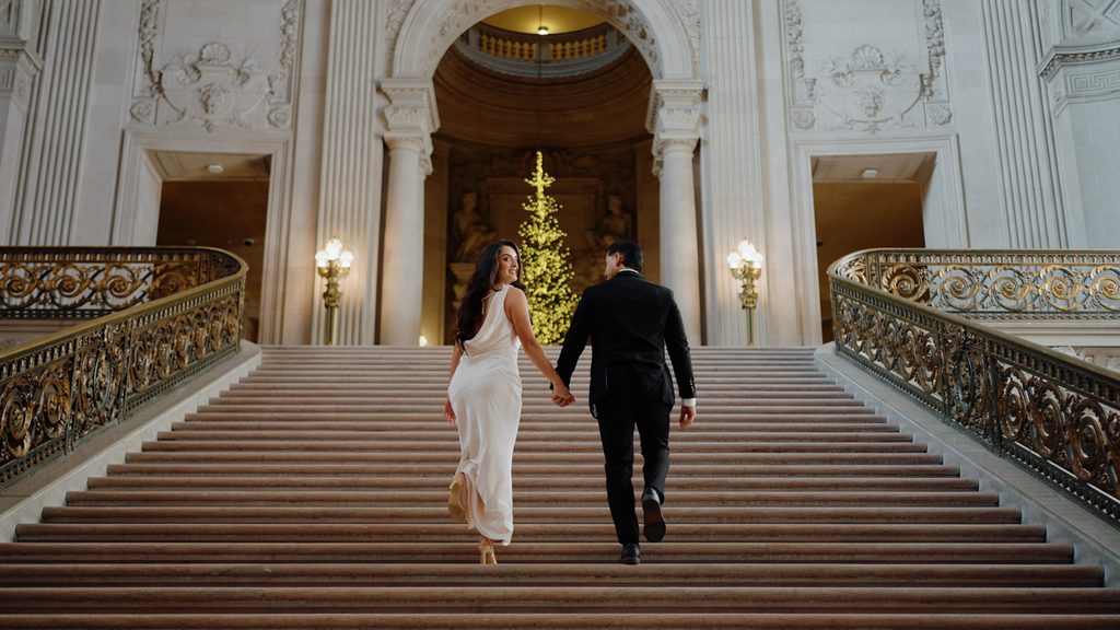 Elegant bride and groom indoor staircase portrait for romantic winter wedding photography inspiration