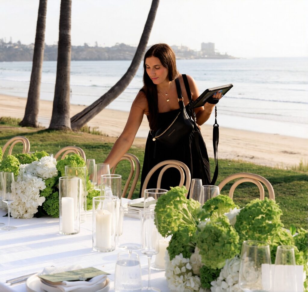 Wedding coordinator Stephy Plechas arranging a table setting at a beachfront venue.